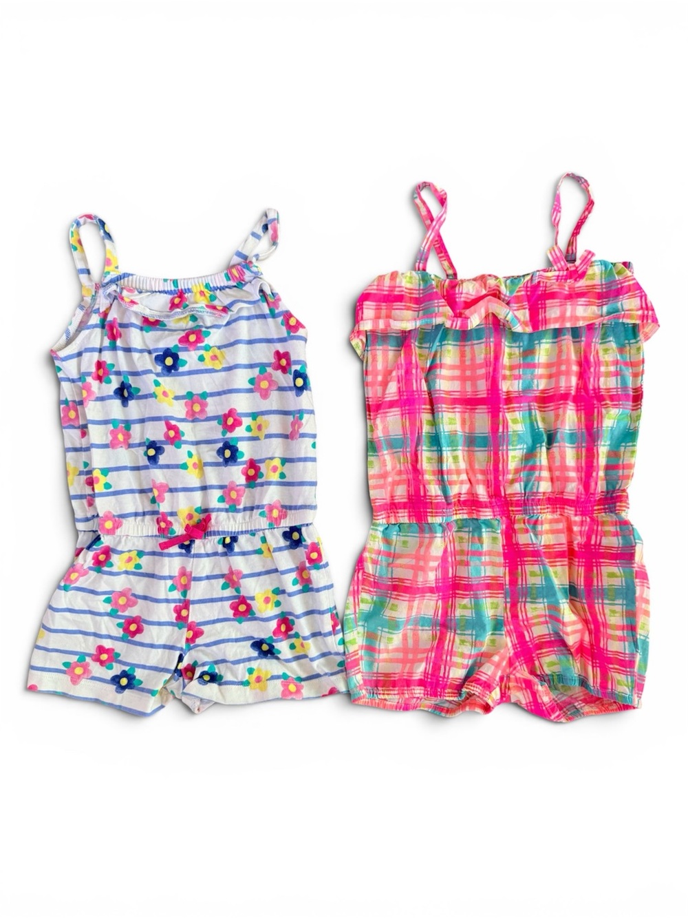 Girls' Floral Stripe & Pink Plaid Romper Set - 2 Pack